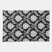 Linge De Cuisine Motif Damassé Rococo Blanc sur Noir (Horizontal)
