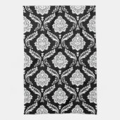 Linge De Cuisine Motif Damassé Rococo Blanc sur Noir (Vertical)