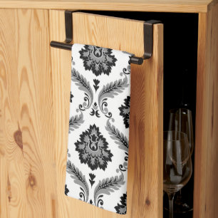 Linge De Cuisine Motif Damassé Rococo Gris Noir Blanc