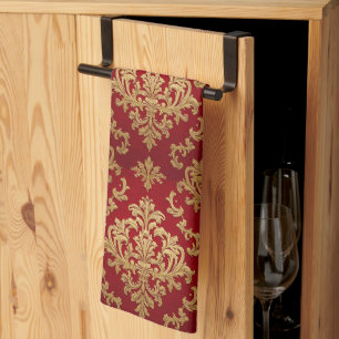 Linge De Cuisine Motif damassé royal rouge et or élégant vintage