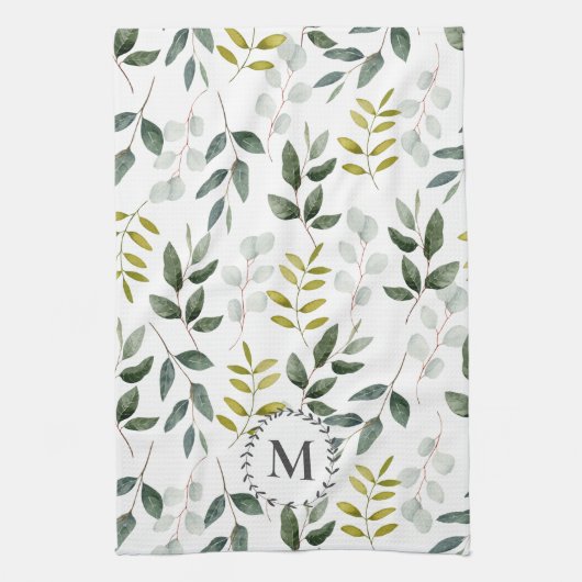 Linge De Cuisine Motif d'aquarelle Feuille vert monogramme (Vertical)