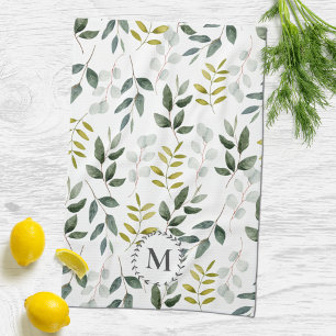 Linge De Cuisine Motif d'aquarelle Feuille vert monogramme
