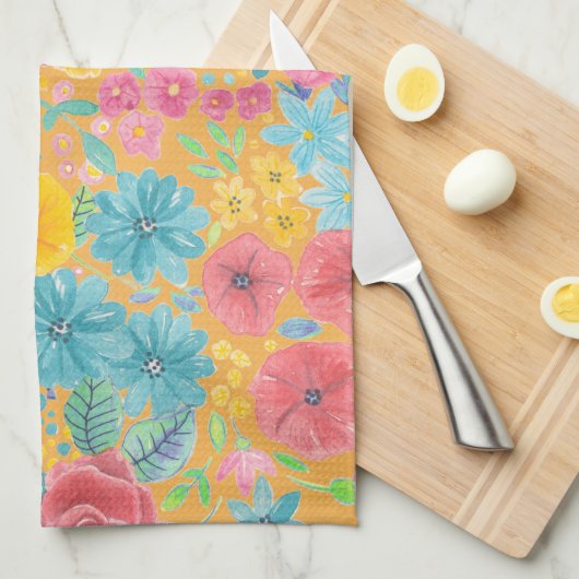 Linge De Cuisine Motif d'aquarelle florale en jaune (Quart Plié)