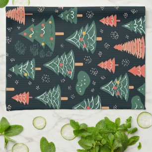 Linge De Cuisine Motif d'arbre de Noël vert et corail festif