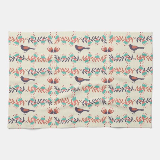 Linge De Cuisine Motif d'art folklorique d'oiseaux et de fleurs (Horizontal)