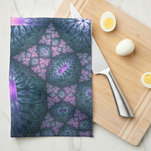Linge De Cuisine motif d'art fractal 3D Turquoise violet rose (Quart Plié)