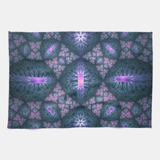 Linge De Cuisine motif d'art fractal 3D Turquoise violet rose (Horizontal)