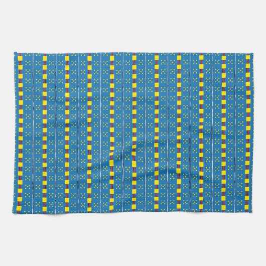 Linge De Cuisine Motif d'art populaire géométrique bleu et jaune (Horizontal)