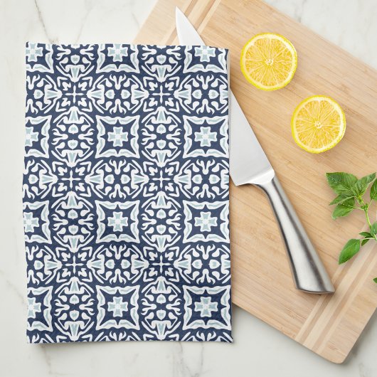 Linge De Cuisine Motif de carreaux espagnols marine et blanc