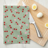 Linge De Cuisine Motif de cerises sur fond vert (Quart Plié)