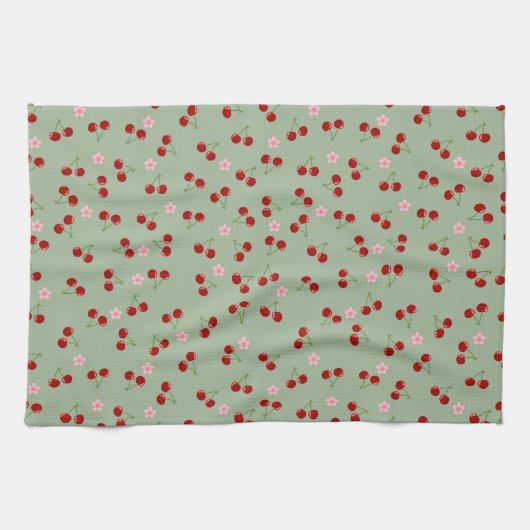 Linge De Cuisine Motif de cerises sur fond vert (Horizontal)
