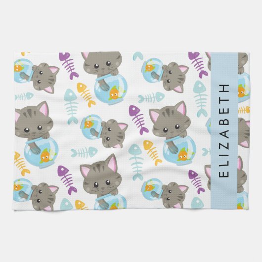Linge De Cuisine Motif De Chats, Chats Mignons, Chatons, Votre Nom (Horizontal)