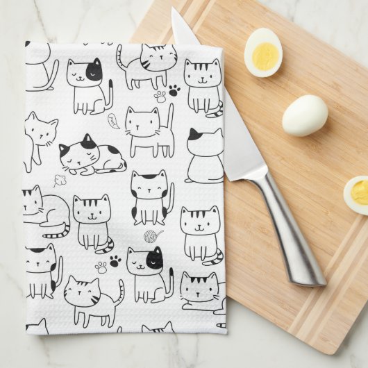 Linge De Cuisine Motif de chats Doodle Cute (Quart Plié)