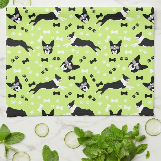 Linge De Cuisine Motif de chien vert des Terriers de Boston (Plié)
