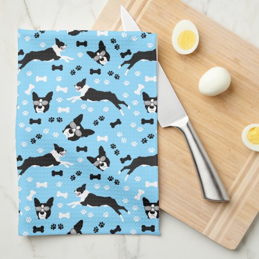 Linge De Cuisine Motif de chiens bleus de Boston Terriers (Quart Plié)