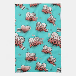 Linge De Cuisine Motif de cœurs MAMAN Pop Art Turquoise