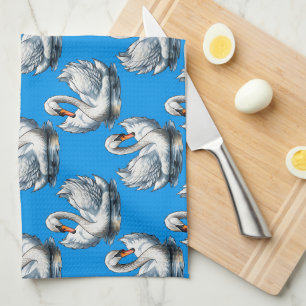Linge De Cuisine Motif de cygnes sur fond bleu