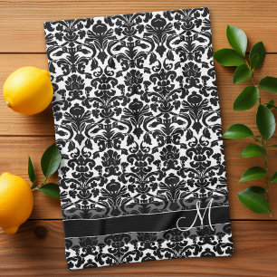 Linge De Cuisine Motif de Damas avec monogramme - Noir et Blanc