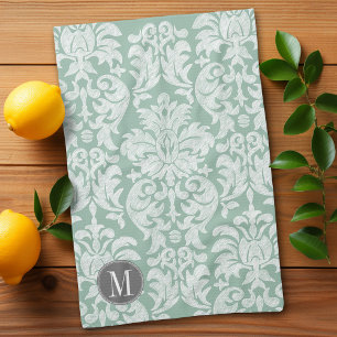 Linge De Cuisine Motif de Damas de la menthe et gris Monogramme per