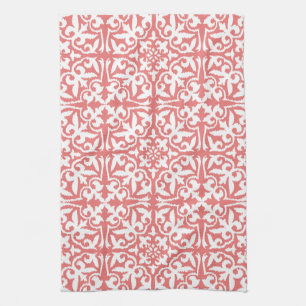 Linge De Cuisine Motif de damassé d'Ikat - rose de corail et blanc