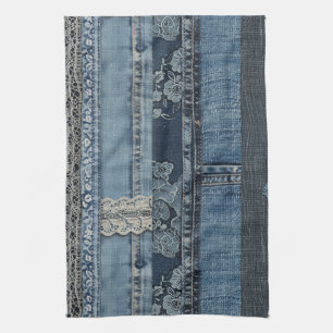 Linge De Cuisine Motif de dentelle à rayures en denim indigo