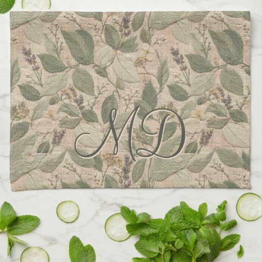 Linge De Cuisine Motif de feuille botanique vert rustique (Plié)