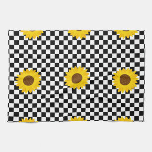Linge De Cuisine Motif de fleur à carreaux de tournesol noir et bla