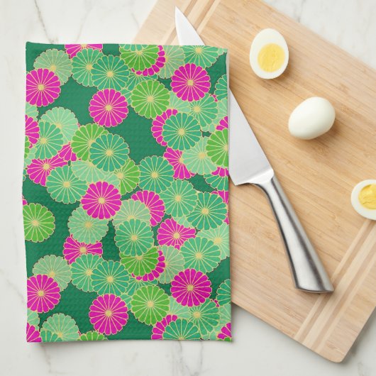 Linge De Cuisine Motif de fleurs Art Déco - tons verts, fuchsia (Quart Plié)