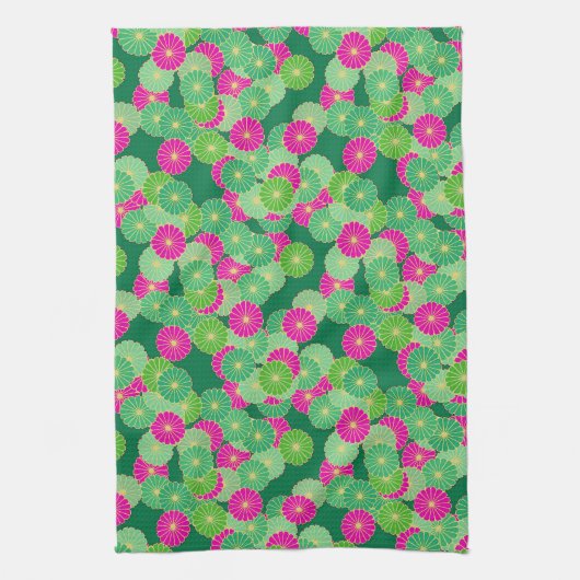 Linge De Cuisine Motif de fleurs Art Déco - tons verts, fuchsia (Vertical)