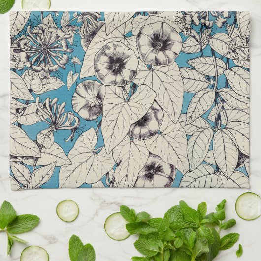 Linge De Cuisine Motif de fleurs en bleu blanc (Plié)