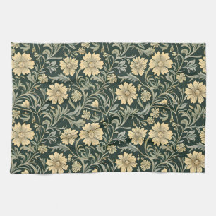 Linge De Cuisine Motif de fleurs jaunes stylisées vert foncé