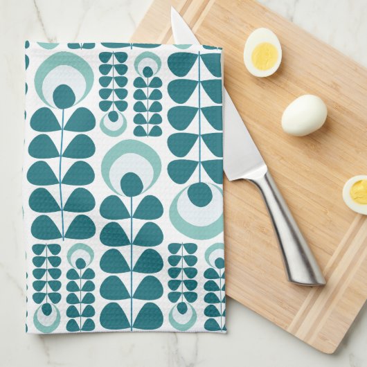 Linge De Cuisine Motif de fleurs sarcelle milieu de siècle (Quart Plié)