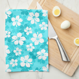 Linge De Cuisine Motif de fleurs tropicales bleu et blanc Hibiscus
