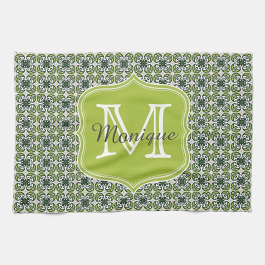 Linge De Cuisine Motif de fleurs vertes de monogramme (Horizontal)