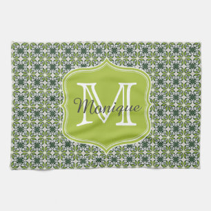 Linge De Cuisine Motif de fleurs vertes Monogrammes