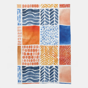 Linge De Cuisine Motif de grille aquarelle vibrante en bleu et oran