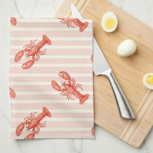 Linge De Cuisine Motif de homard à l'aquarelle sur rayures roses do
