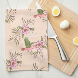 Linge De Cuisine Motif de la fleur rose printanière avec oiseaux
