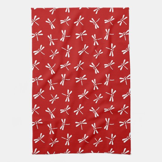 Linge De Cuisine Motif de libellules japonais, rouge profond et bla (Vertical)