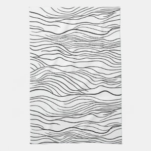 Linge De Cuisine Motif de ligne ondulée dessiné à la main en noir e