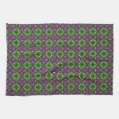 Linge De Cuisine Motif de mosaïque fleurie rétro vert et violet (Horizontal)