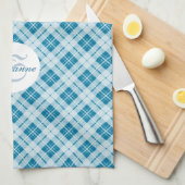 Linge De Cuisine Motif de Noël bleu clair tartan Monogramme (Quart Plié)
