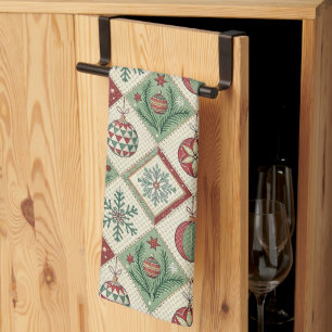 Linge De Cuisine Motif de Noël brodé en patchwork vintage