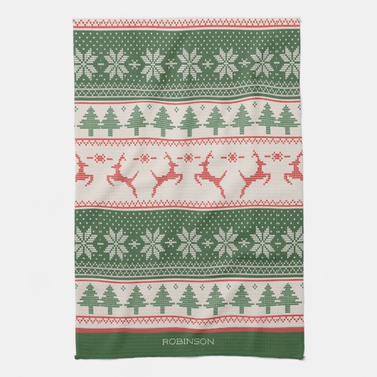 Linge De Cuisine Motif de Noël traditionnel vert et rouge nordique (Vertical)