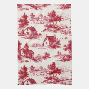 Linge De Cuisine Motif de paysage campagnard Toile Rouge Rustique
