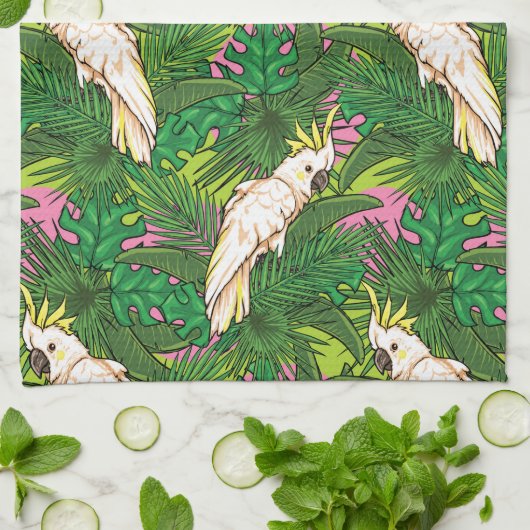 Linge De Cuisine Motif de perroquets avec Feuilles de palme (Plié)