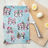 Linge De Cuisine Motif de pingouins mignons Bleu et rose Noël (Quart Plié)