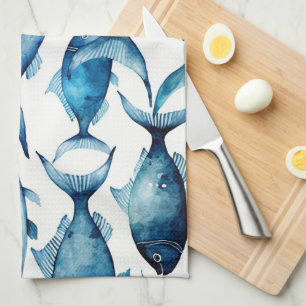 Linge De Cuisine Motif de poisson marine bleu aquarelle. Animal mar