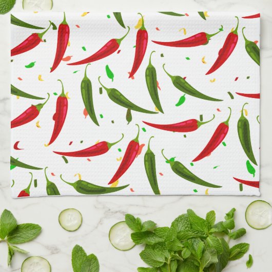 Linge De Cuisine Motif de poivrons chauds verts et rouges (Plié)