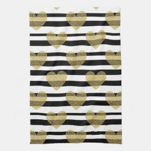 Linge De Cuisine Motif de rayure de mariage à cœur doré élégant